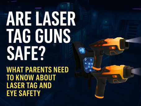 Laser tag gun and vest with text about safety in a neon arena